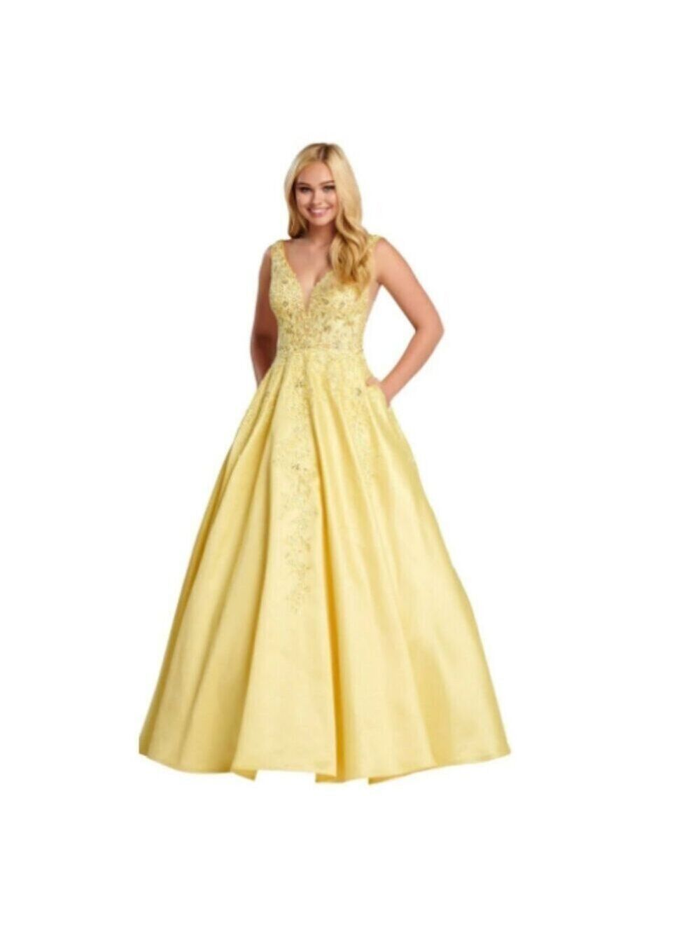 Prom Homecoming Ellie Wilde Bedazzled Deep V-neck Satin A-line Gown Size 0 NWT